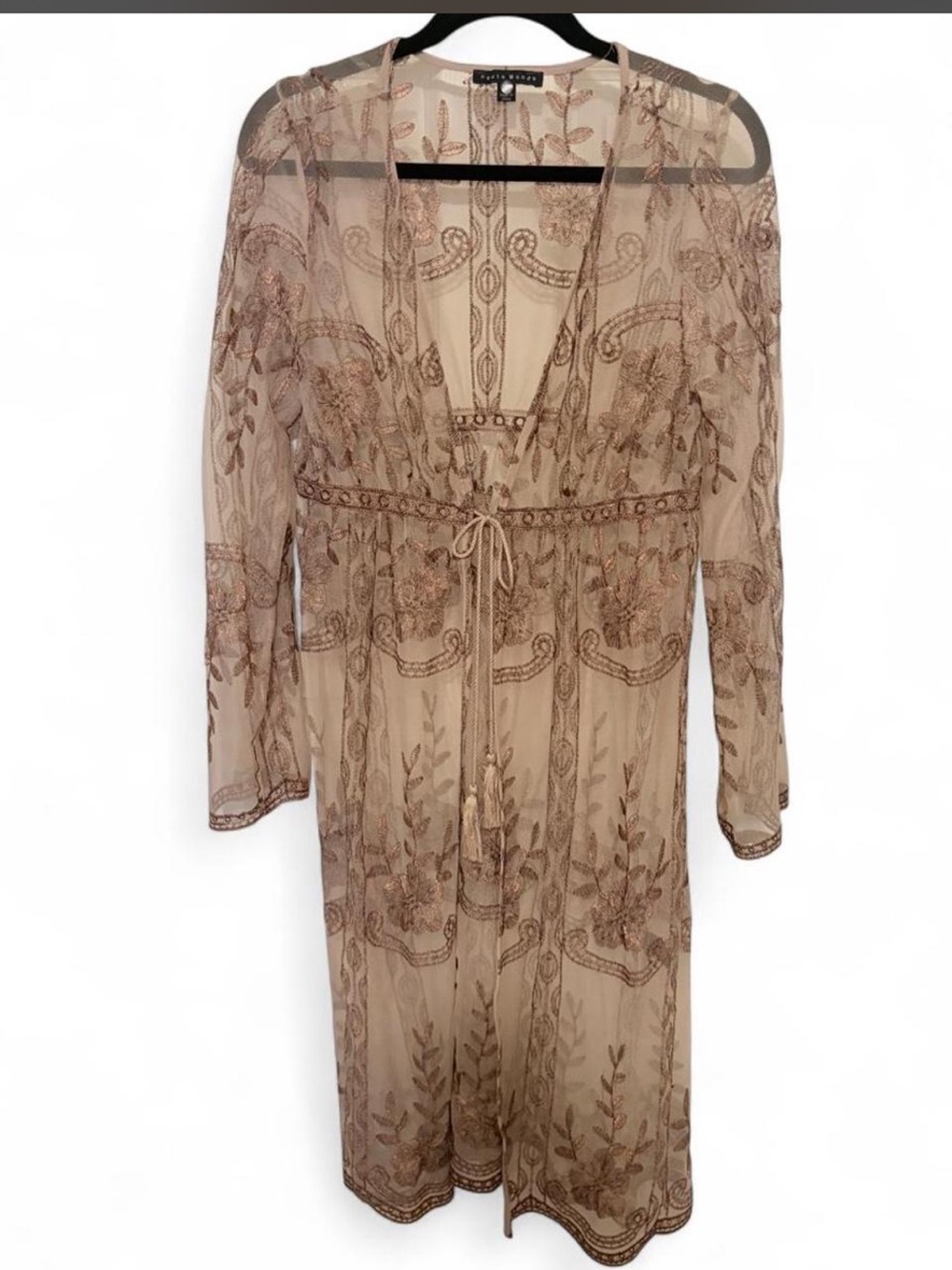 Sheer Embroidered Beige/Copper Long Sleeve Kimono